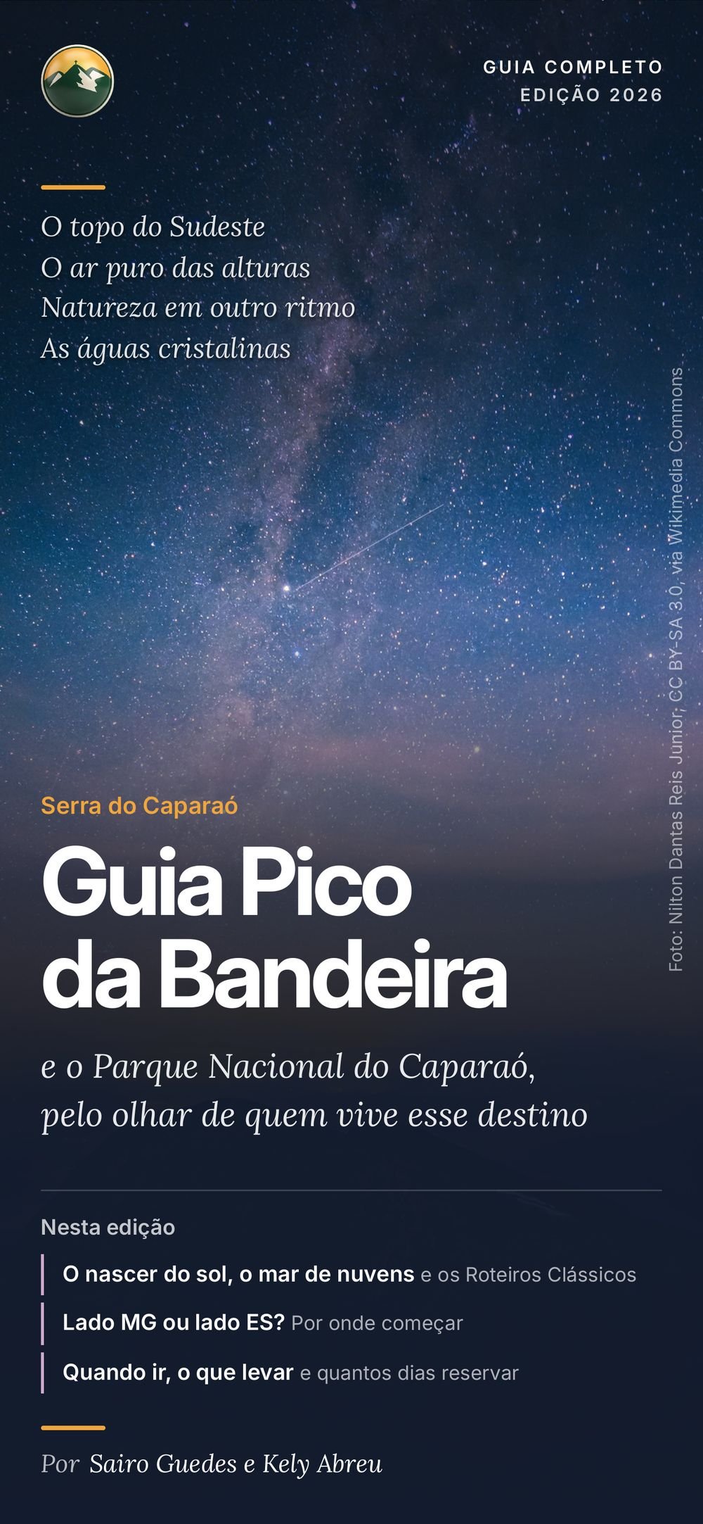 Capa do E-book Guia Pico da Bandeira, edição 2026: a Via Láctea sobre a Serra do Caparaó, com o título e os três destaques desta edição