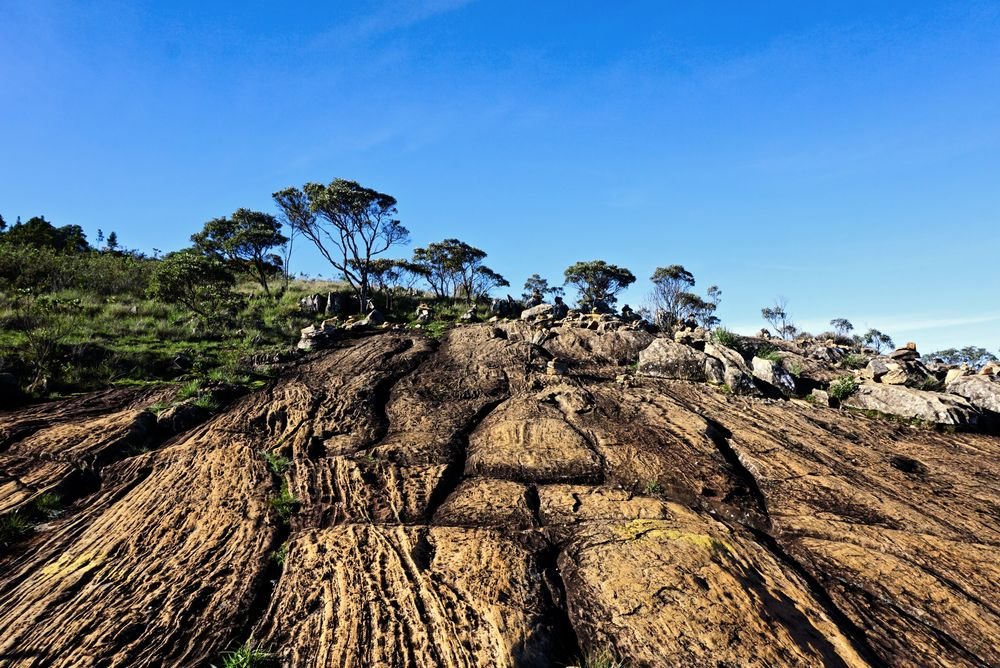 Laje de rocha estriada e árvores retorcidas sob o céu azul, no alto da serra
