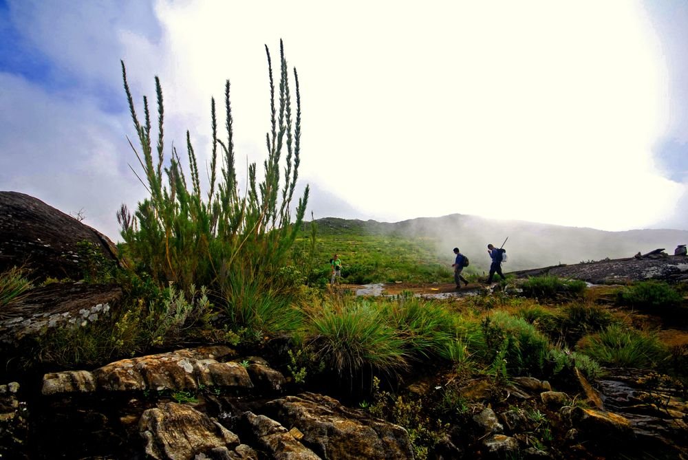 Dois montanhistas na trilha de pedra rumo ao topo do Pico da Bandeira, com a névoa ao fundo