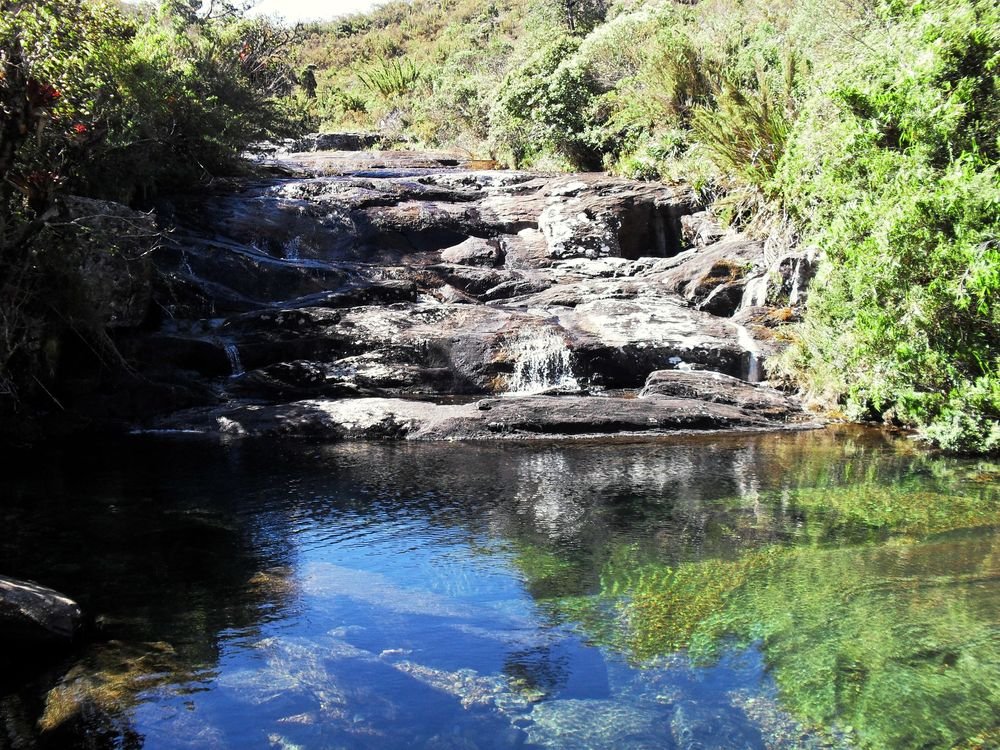 Água cristalina correndo sobre lajes de pedra no Vale Encantado, entre a vegetação